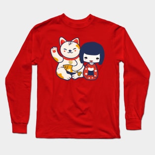 Kokeshi Girl Doll With Maneki Neko Long Sleeve T-Shirt